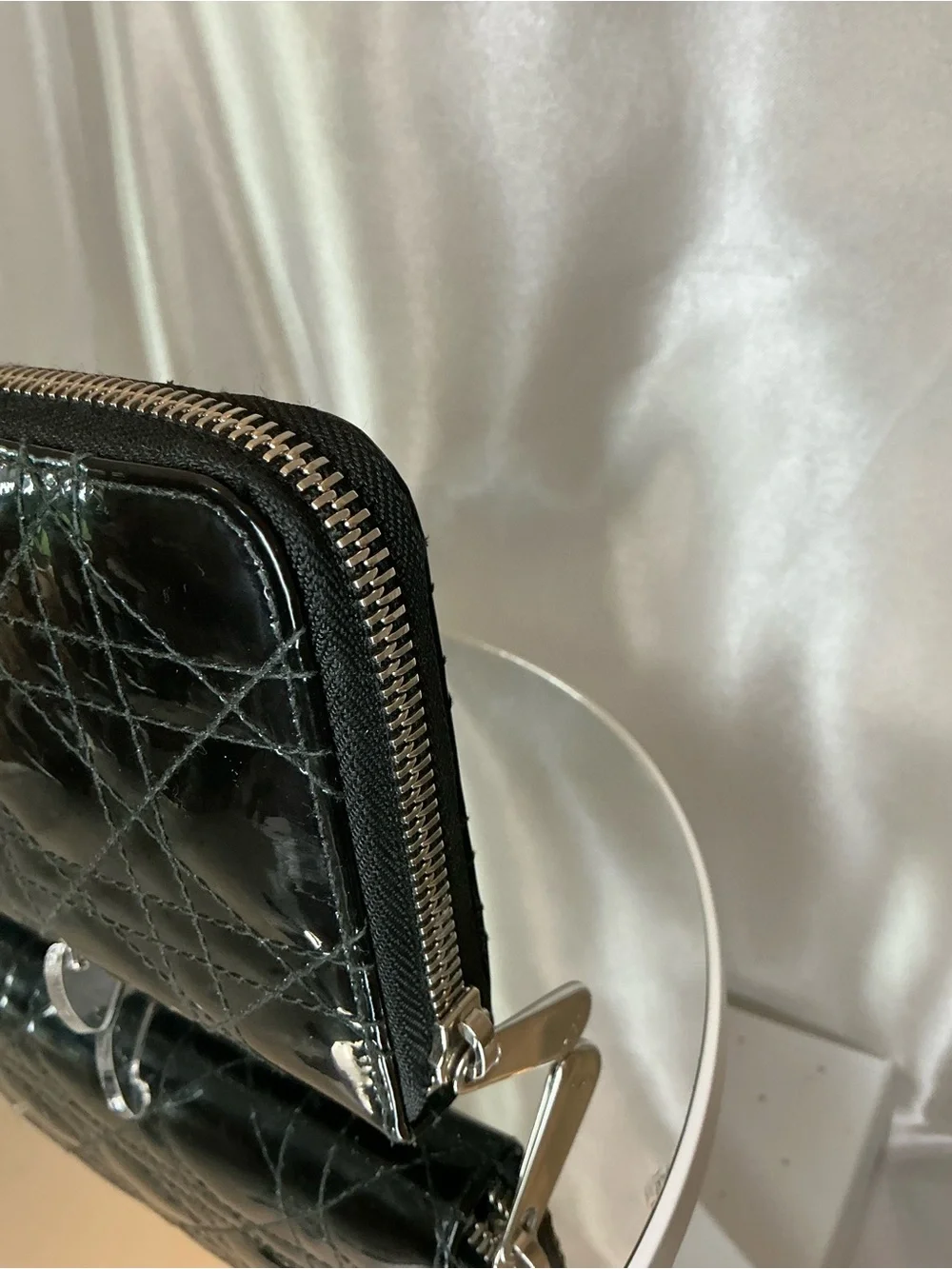 Dior Black Patent Quilted Zip-Around Wallet